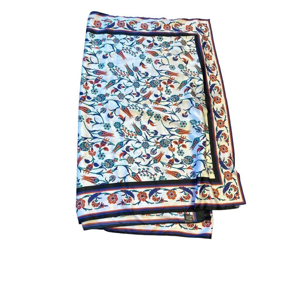White Floral Silk-Feel Scarf with Blue & Orange Motifs